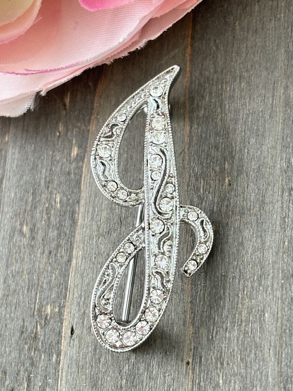 Monet Rhinestone Letter J Initial Silver Brooch